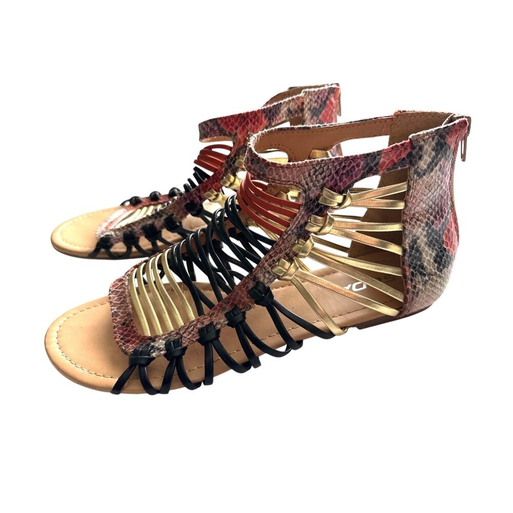SODA Gladiator Snake Print Sandals Multicolored Straps Back Zip Open Toe Size 10